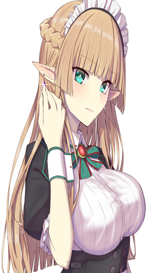 Anime elf maid girl with blonde hair and green eyes