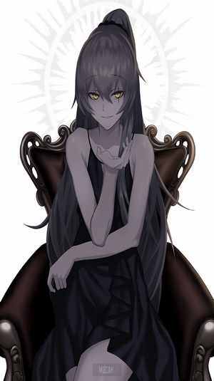 Anime girl with dark hair and yellow eyes sitting on a chair