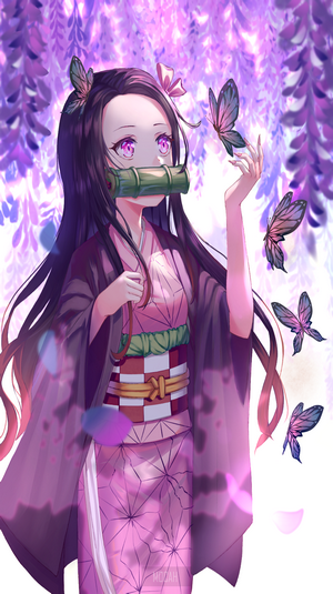 anime, anime girl, Kimetsu no Yaiba, Kamado Nezuko, butterflies ...