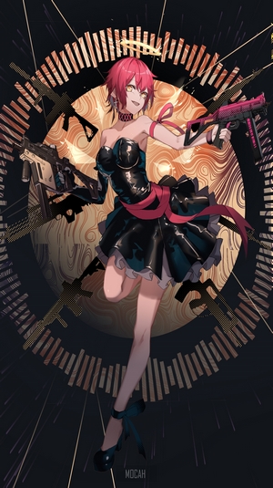 Anime girl with pink hair holding guns