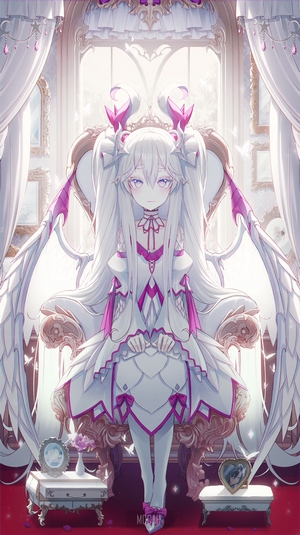 Anime girl with white hair and wings sitting on a throne