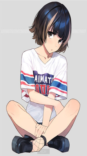 Anime girl with short hair sitting cross-legged