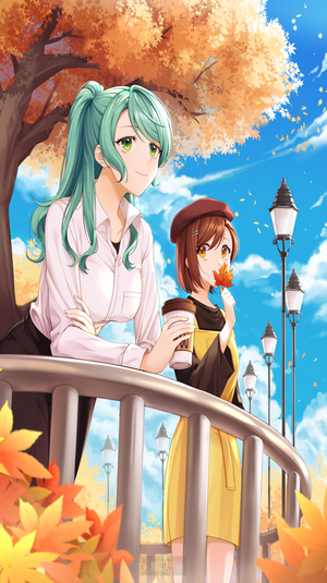 Two anime girls in autumn park with coffee
