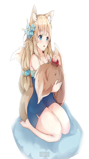 Anime girl with fox ears and tail brushing her tail