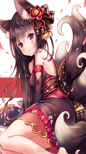 Elegant Anime Girl with Fox Ears and Tails