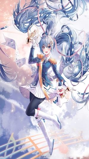 Anime girl with blue hair playing trumpet