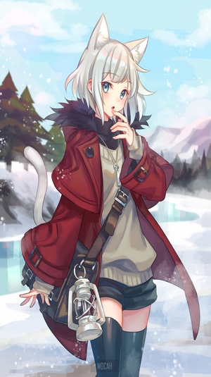 Winter Day with Anime Cat Girl in Red Coat