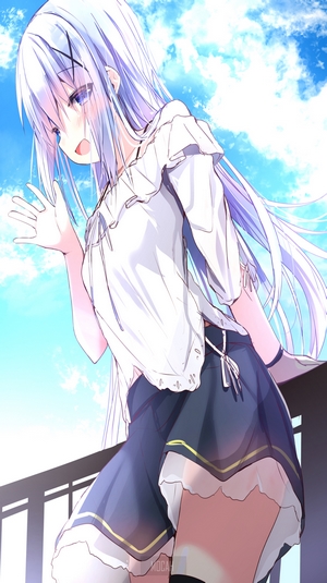 Anime girl with long white hair waving