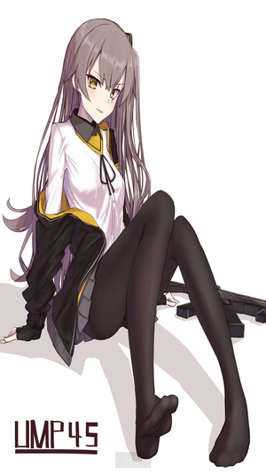 UMP45 from Girls Frontline sitting with a rifle