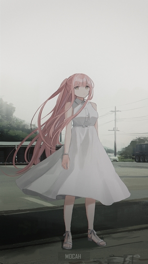 Chihuri 45 with pink hair standing outdoors