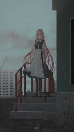 Chihuri 45 in maid outfit with pink hair and blood