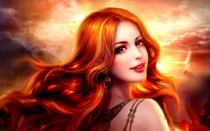 Fantasy girl with red hair and fiery sky