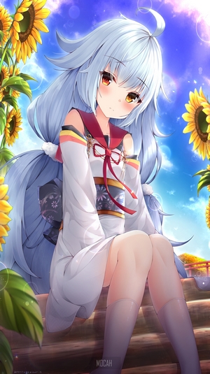 Anime girl with white hair and sunflowers