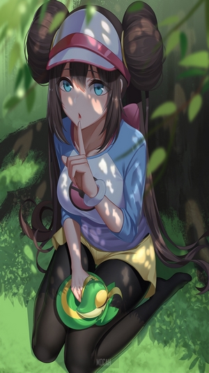 Rosa from Pokémon with Snivy in a forest