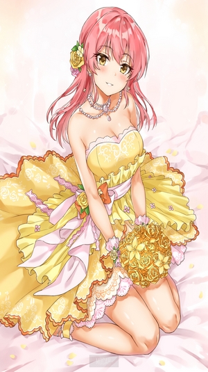 Anime girl in a yellow dress holding flowers