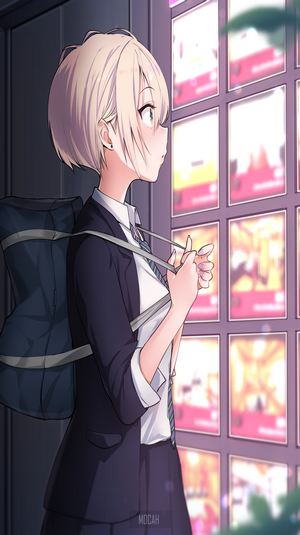 Anime girl in school uniform looking at posters