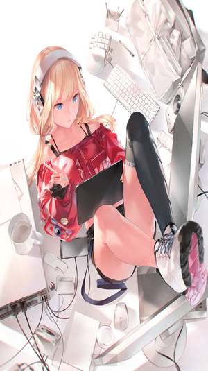 Anime girl with headphones and tablet surrounded by computer equipment