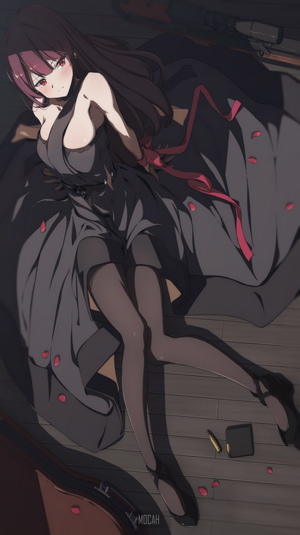 Anime girl in a black dress lying down