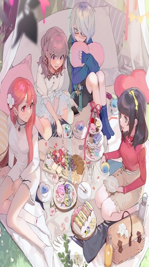 Anime girls having a picnic with sweets and fruits