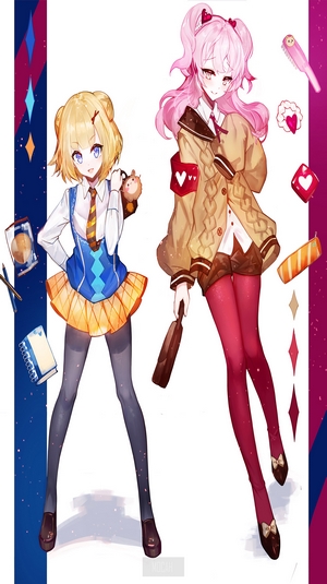 Two anime girls with different hair colors and outfits