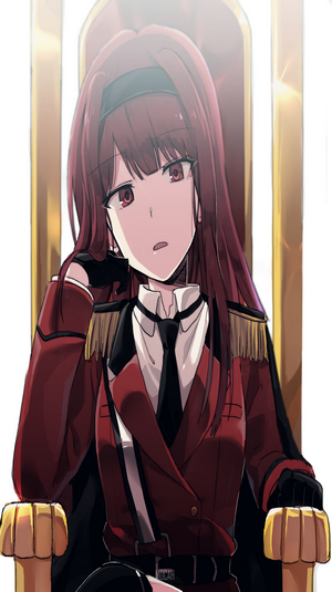 Anime girl in a red military uniform sitting on a throne