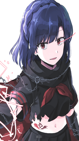 Anime girl with dark blue hair and red eyes