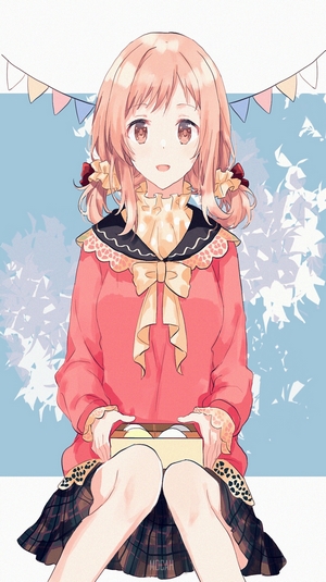 Anime girl with pink hair holding a box of sweets