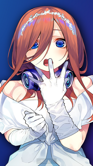 Miku Nakano from The Quintessential Quintuplets wearing headphones and a white dress