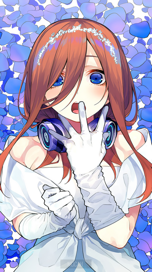 Miku Nakano from The Quintessential Quintuplets wearing headphones and a white dress