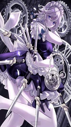 Izayoi Sakuya from Touhou with knives and clockwork