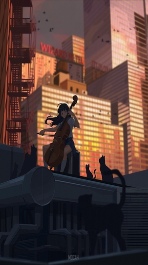 Anime girl playing cello on a rooftop with cats