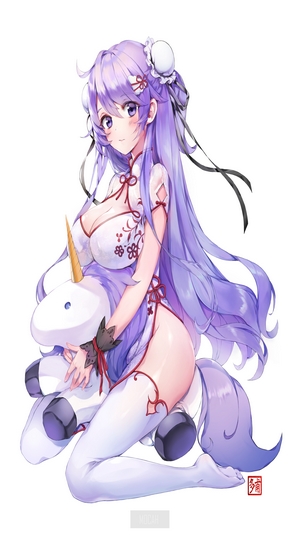 Anime girl with purple hair holding a unicorn plush