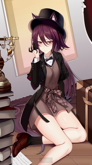 Anime girl with cat ears and hat on phone