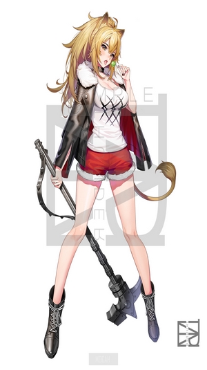 Siege from Arknights holding a lollipop and a weapon