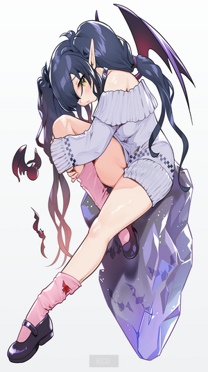 Anime girl with bat wings sitting on a crystal