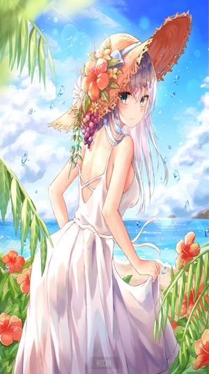 Anime girl in a white dress and straw hat on a beach