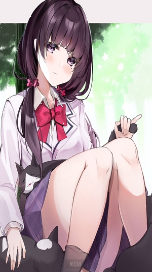 Anime girl with purple eyes and black hair sitting with cats