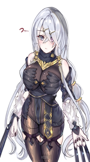 Anime girl with long white hair in dark outfit