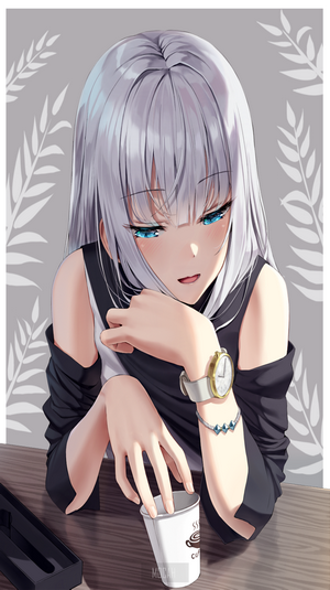 Anime girl with silver hair and blue eyes holding a coffee cup
