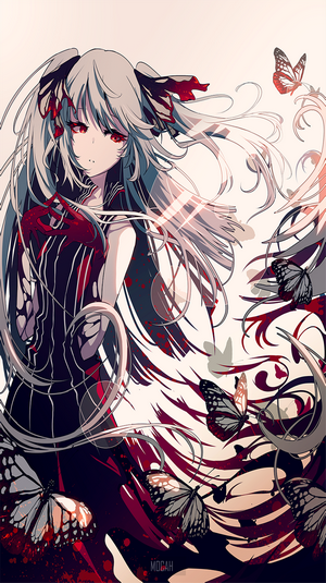Anime girl with white hair and red eyes surrounded by butterflies