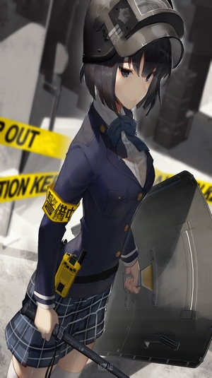 Anime girl in riot gear with shield and baton