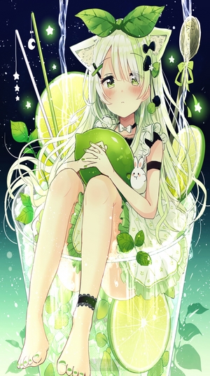 Anime girl with cat ears in a glass of lime drink