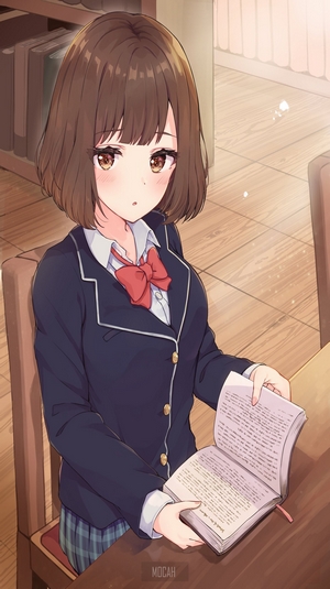 Anime girl in school uniform reading a book