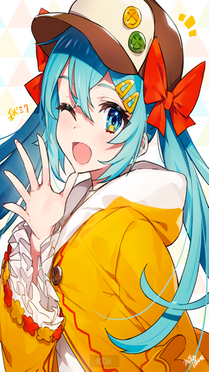 Hatsune Miku wearing a yellow jacket and hat