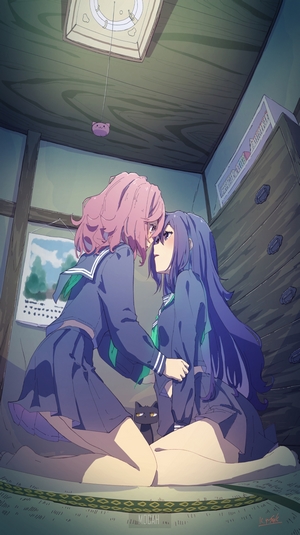 Two anime girls in school uniforms in a room