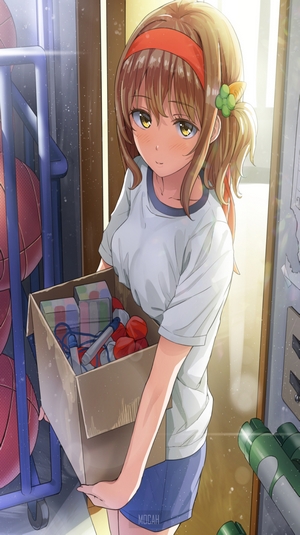 Anime girl holding a box of sports equipment