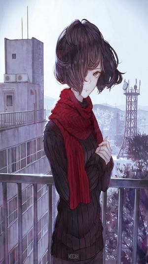 Anime girl with short black hair and red scarf on balcony