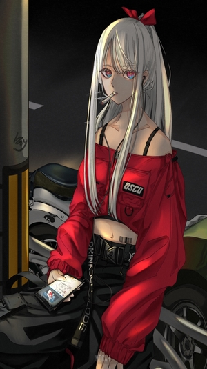Anime Girl with Long Silver Hair and Red Jacket