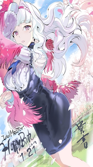 Anime girl with white hair and pink feathers