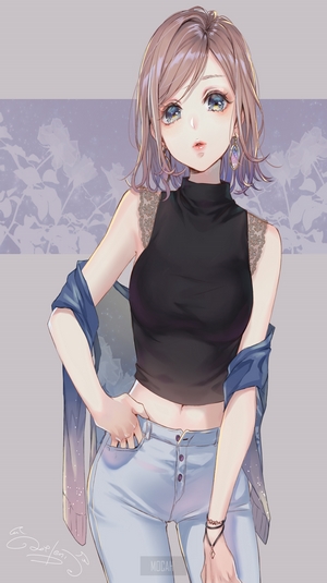 Anime girl in black sleeveless top and jeans